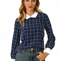 Allegra K Women's Contrast Turndown Collar Button Back Check Plaid Work Shirt