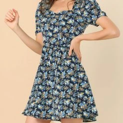 Allegra K Women's Floral Vintage Puff Short Sleeve Sweetheart Neck A-Line Mini Dress Exuberant Blooms