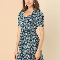 Allegra K Women's Floral Vintage Puff Short Sleeve Sweetheart Neck A-Line Mini Dress Exuberant Blooms