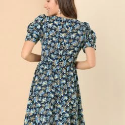 Allegra K Women's Floral Vintage Puff Short Sleeve Sweetheart Neck A-Line Mini Dress Exuberant Blooms