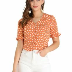 Allegra K Women's Button Shirt V Neck Full Placket Short Sleeve Floral Top