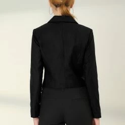 Allegra K Women's Double Breasted Notched Lapel Shoulder Pad Cropped Blazer