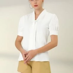 Allegra K Women's Work Office Short Sleeve V Neck Bow Tie Blouse Tops 12 Allegra K Women's Work Office Short Sleeve V Neck Bow Tie Blouse Tops
