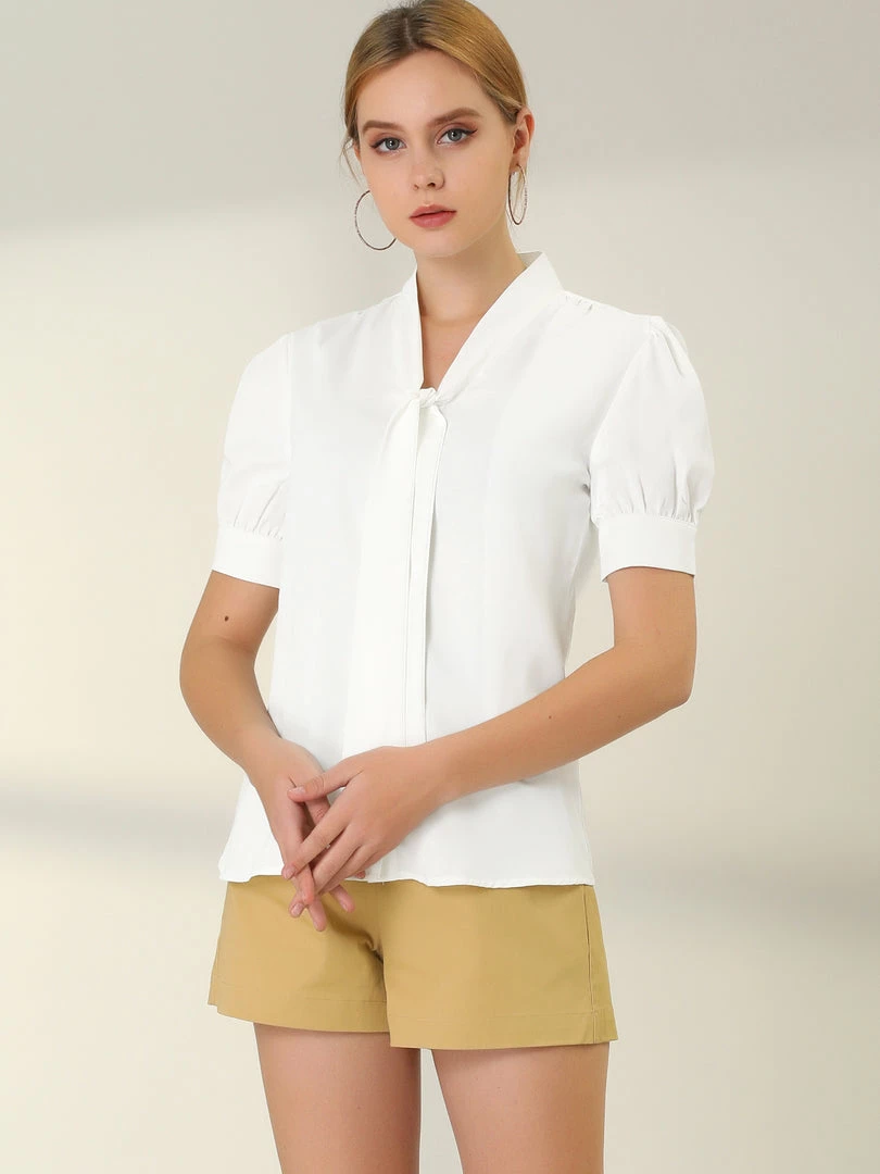 Allegra K Women's Work Office Short Sleeve V Neck Bow Tie Blouse Tops 6 Allegra K Women's Work Office Short Sleeve V Neck Bow Tie Blouse Tops