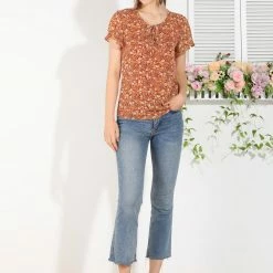 Allegra K Women's Floral V Neck Blouse Short Sleeve Ruffled Ditsy Tops