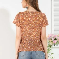 Allegra K Women's Floral V Neck Blouse Short Sleeve Ruffled Ditsy Tops