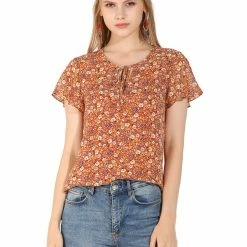 Allegra K Women's Floral V Neck Blouse Short Sleeve Ruffled Ditsy Tops