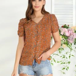 Allegra K Women's Button Front Shirt Puff Short Sleeves Chiffon Floral Top