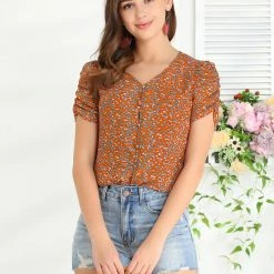 Allegra K Women's Button Front Shirt Puff Short Sleeves Chiffon Floral Top