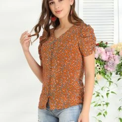 Allegra K Women's Button Front Shirt Puff Short Sleeves Chiffon Floral Top