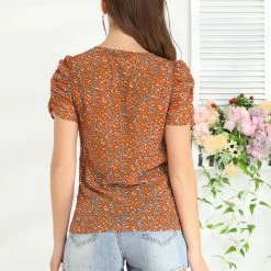 Allegra K Women's Button Front Shirt Puff Short Sleeves Chiffon Floral Top