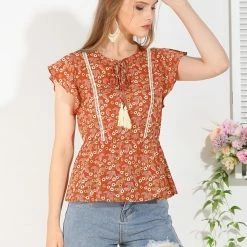 Allegra K Women's Tassel Tie Square Neck Short Sleeve Floral Vintage Blouses 11 Allegra K Women's Tassel Tie Square Neck Short Sleeve Floral Vintage Blouses