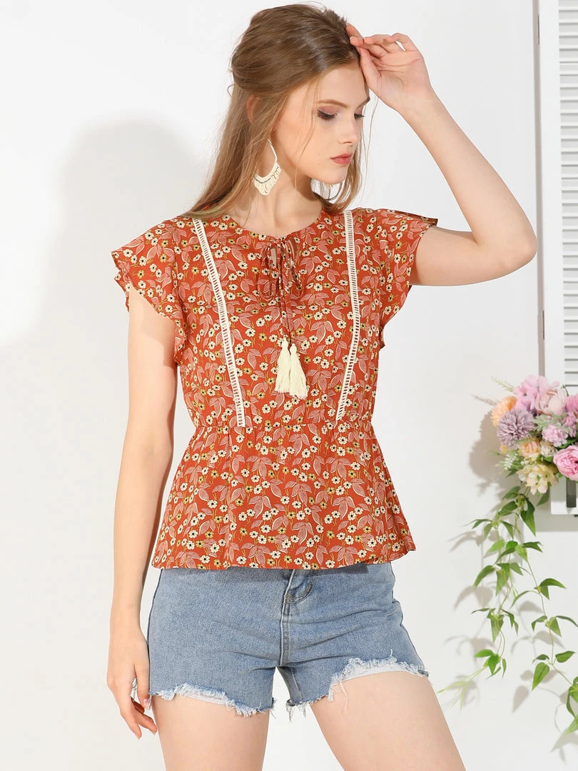 Allegra K Women's Tassel Tie Square Neck Short Sleeve Floral Vintage Blouses 5 Allegra K Women's Tassel Tie Square Neck Short Sleeve Floral Vintage Blouses