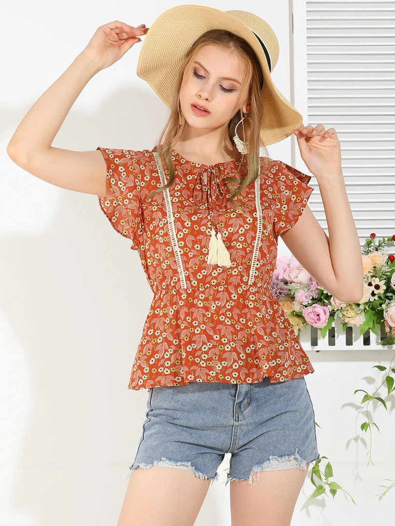 Allegra K Women's Tassel Tie Square Neck Short Sleeve Floral Vintage Blouses 6 Allegra K Women's Tassel Tie Square Neck Short Sleeve Floral Vintage Blouses