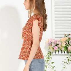 Allegra K Women's Tassel Tie Square Neck Short Sleeve Floral Vintage Blouses 13 Allegra K Women's Tassel Tie Square Neck Short Sleeve Floral Vintage Blouses