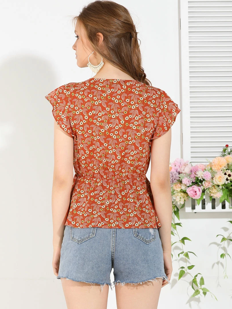 Allegra K Women's Tassel Tie Square Neck Short Sleeve Floral Vintage Blouses 8 Allegra K Women's Tassel Tie Square Neck Short Sleeve Floral Vintage Blouses