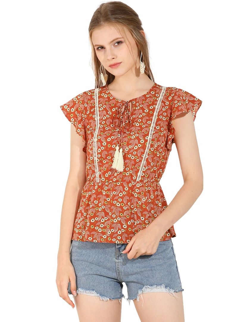 Allegra K Women's Tassel Tie Square Neck Short Sleeve Floral Vintage Blouses 4 Allegra K Women's Tassel Tie Square Neck Short Sleeve Floral Vintage Blouses