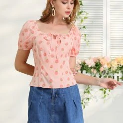 Allegra K Women's Square Neck Tie Fruit Bubble Sleeve Summer Crop Vintage Blouse