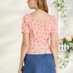 Allegra K Women's Square Neck Tie Fruit Bubble Sleeve Summer Crop Vintage Blouse