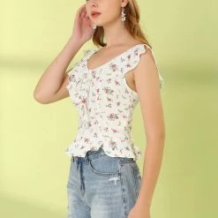 Allegra K Women's Sleeveless Bow Tie Scoop Neck Ruffle Cropped Floral Top