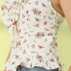 Allegra K Women's Sleeveless Bow Tie Scoop Neck Ruffle Cropped Floral Top