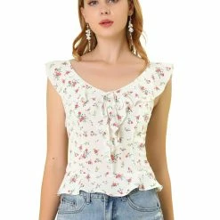 Allegra K Women's Sleeveless Bow Tie Scoop Neck Ruffle Cropped Floral Top