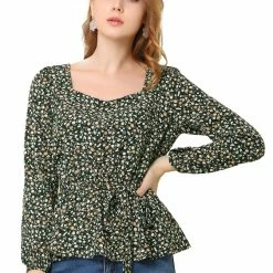 Allegra K Women's Floral Long Sleeve Tops Square Neck Peplum Blouse With Belt