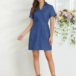 Allegra K Women's Turndown Collar Chambray Solid A-Line Shirt Denim Dress With Pockets