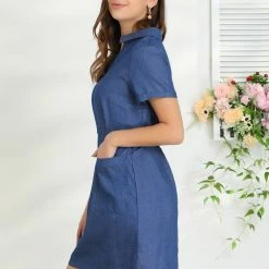 Allegra K Women's Turndown Collar Chambray Solid A-Line Shirt Denim Dress With Pockets
