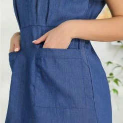 Allegra K Women's Turndown Collar Chambray Solid A-Line Shirt Denim Dress With Pockets