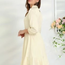 Allegra K Women's A-Line Elastic Cuff Fit And Flare Smock Keyhole Ruffle Hem Dress