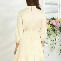 Allegra K Women's A-Line Elastic Cuff Fit And Flare Smock Keyhole Ruffle Hem Dress