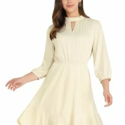 Allegra K Women's A-Line Elastic Cuff Fit And Flare Smock Keyhole Ruffle Hem Dress