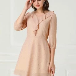 Allegra K Women's Ruffle Neck V Neck Puff Sleeve Dress 11 Allegra K Women's Ruffle Neck V Neck Puff Sleeve Dress