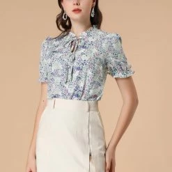 Allegra K Women's Ruffle Neck Tie Neck Floral Short Sleeve Work Shirt