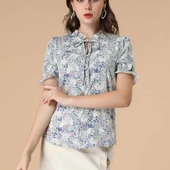 Allegra K Women's Ruffle Neck Tie Neck Floral Short Sleeve Work Shirt