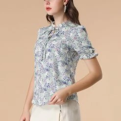 Allegra K Women's Ruffle Neck Tie Neck Floral Short Sleeve Work Shirt
