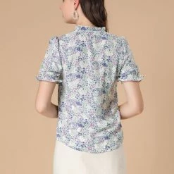 Allegra K Women's Ruffle Neck Tie Neck Floral Short Sleeve Work Shirt