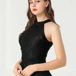 Allegra K Women's Floral Lace Halter Neck Ruched Sleeveless Tank Top 11 Allegra K Women's Floral Lace Halter Neck Ruched Sleeveless Tank Top