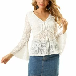 Allegra K Women's Tie Neck See Through V Neck Bell Sleeve Lace Blouse Top 10 Allegra K Women's Tie Neck See Through V Neck Bell Sleeve Lace Blouse Top