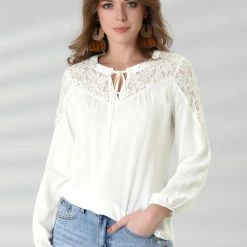 Allegra K Women's Long Sleeve Tie Neck Shirt Floral Semi Sheer Lace Blouse Top