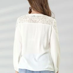 Allegra K Women's Long Sleeve Tie Neck Shirt Floral Semi Sheer Lace Blouse Top