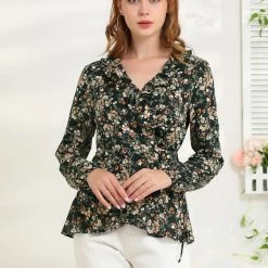 Allegra K Floral Print Crossover Ruffle V Neck Self Tie Wrap Peplum Top Women