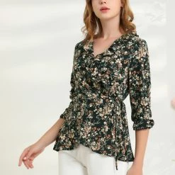 Allegra K Floral Print Crossover Ruffle V Neck Self Tie Wrap Peplum Top Women