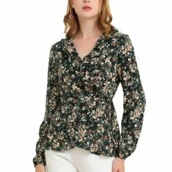 Allegra K Floral Print Crossover Ruffle V Neck Self Tie Wrap Peplum Top Women