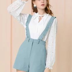 Allegra K Women's Adjustable Strap Cotton Overall Shorts Rompers With Pockets