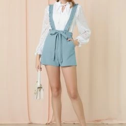 Allegra K Women's Adjustable Strap Cotton Overall Shorts Rompers With Pockets