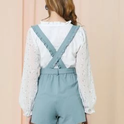 Allegra K Women's Adjustable Strap Cotton Overall Shorts Rompers With Pockets