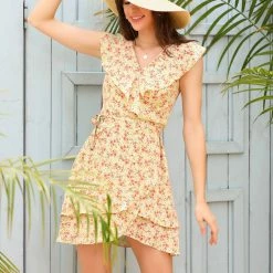 Allegra K Women's Ruffle Front Sleeveless V Neck Tulip Hem Wrap Floral Mini Dress