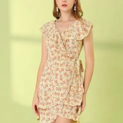 Allegra K Women's Ruffle Front Sleeveless V Neck Tulip Hem Wrap Floral Mini Dress